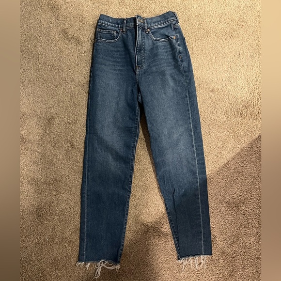 Express Mom High-Rise Straight Leg Jeans in Medium Blue - Picture 2 of 5